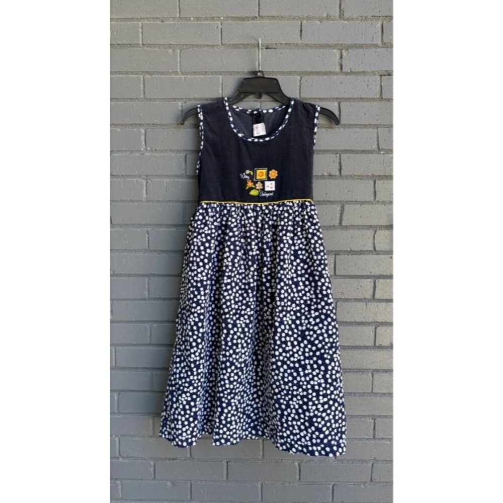 Vintage Girls Navy Daisy Dress Fall Floral Embroidered Autumn Cottagecore 12